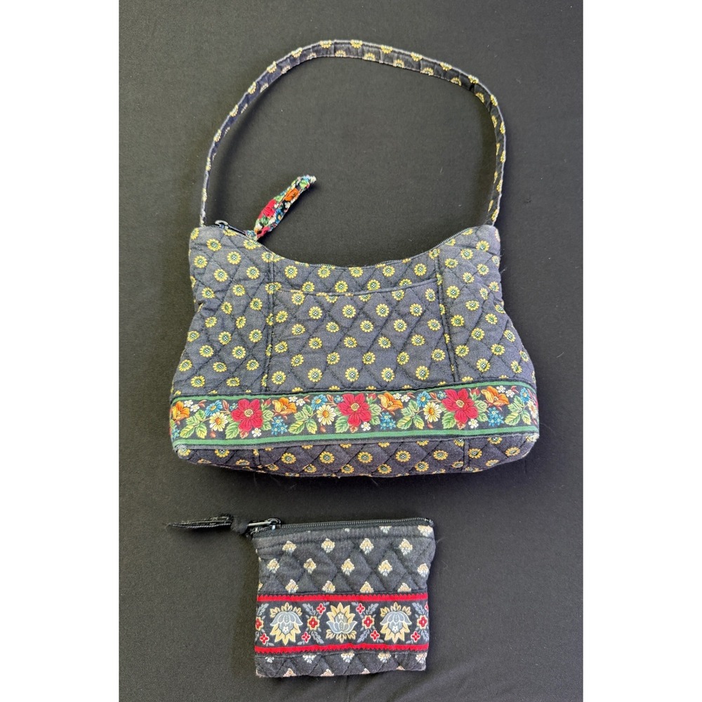Vera Bradley Maison Black Floral Quilted Cotton Shoulder Bag Set Vintage Navy Sm